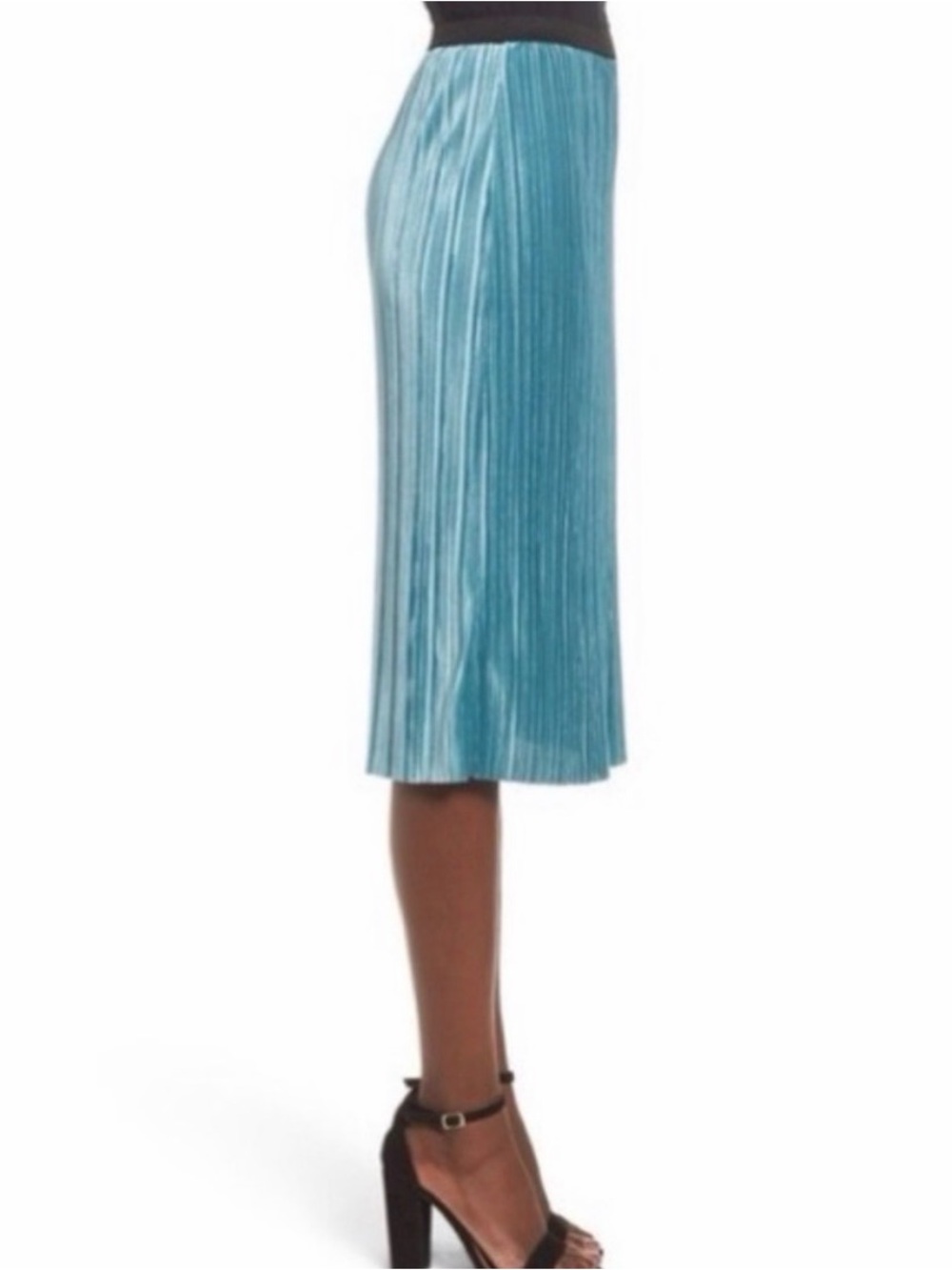 Leith Teal Blue Green Pleated Midi Velour Velvet Skirt Black Elastic Waistband L - Picture 4 of 13